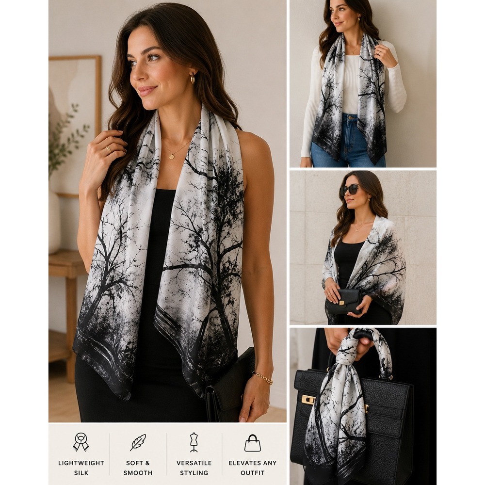 Womens 100% Silk Scarf Black White Tree Landscape Print Nature Shawl Wrap‎